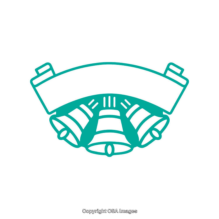 Minimalistic Icon of Bells with Banner in Bold Green Outline