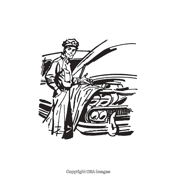 Black and White Line Art of a Worker and Classic Car Scene