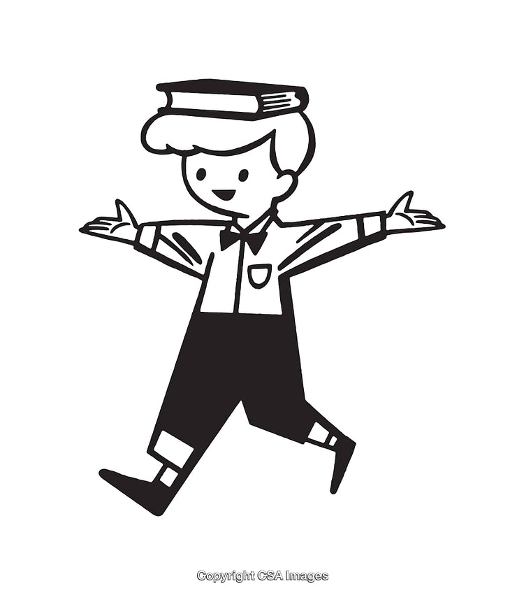 Playful Boy Balancing a Book on His Head in Line Art