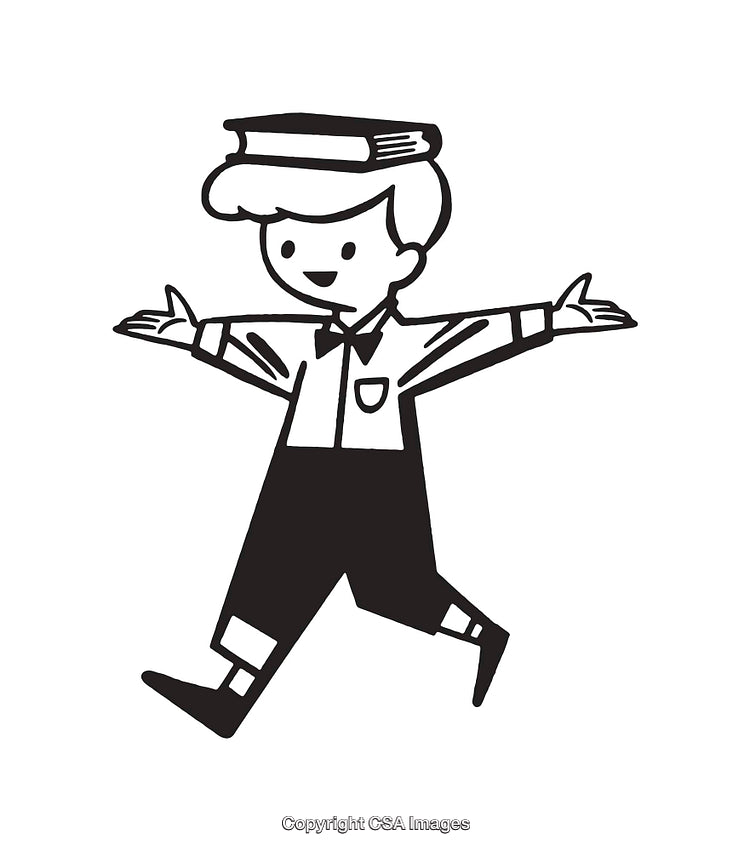 Playful Boy Balancing a Book on His Head in Line Art