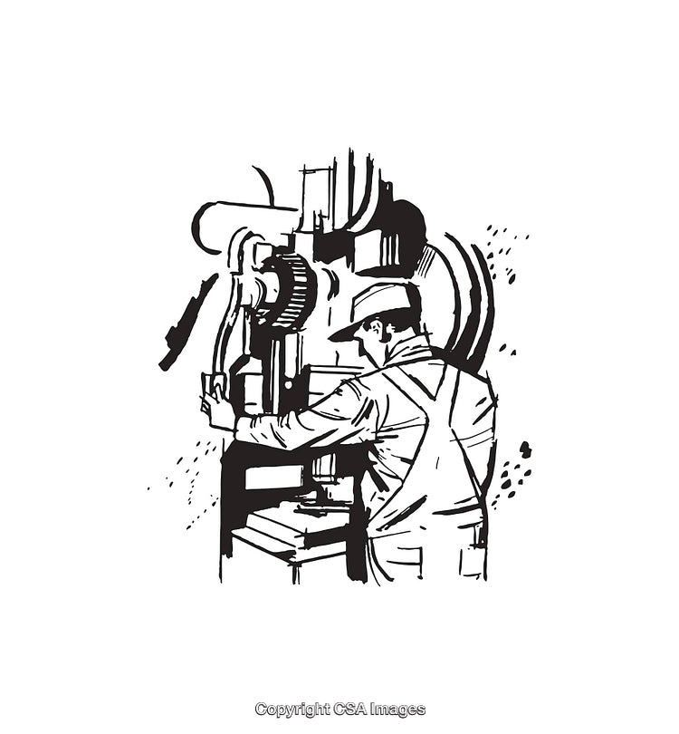 Worker Operating Industrial Machine in Black and White Line Art Illustration