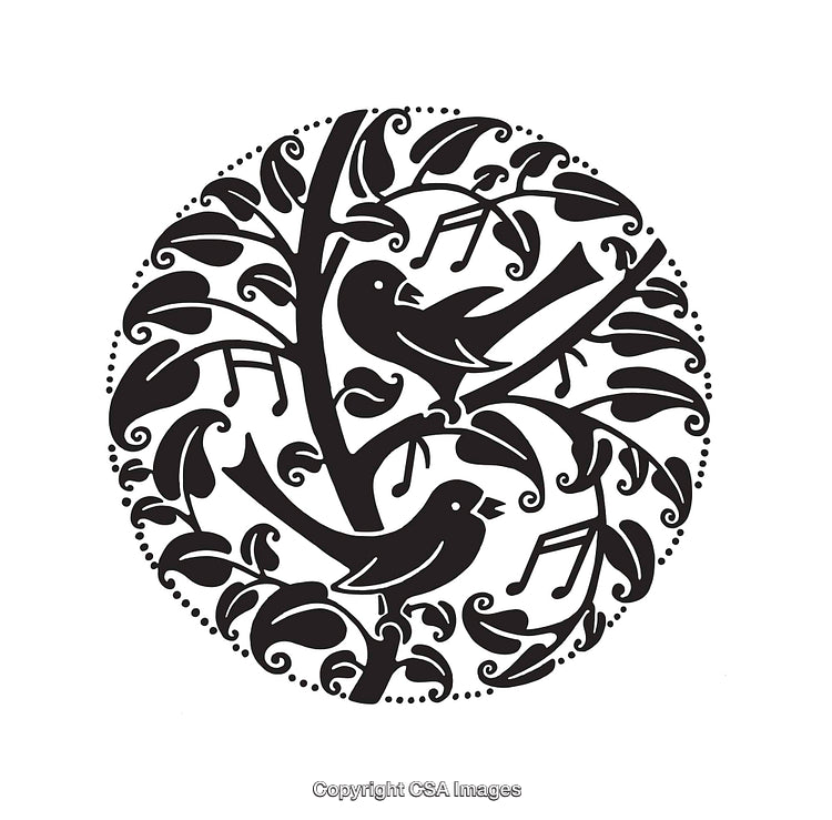 Black and White Circular Design with Birds in a Tree