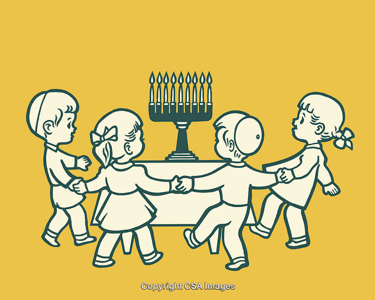 Children Celebrating Around a Menorah in a Line Art Illustration