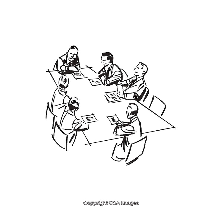 Black and White Line Art of a Business Meeting Around a Table