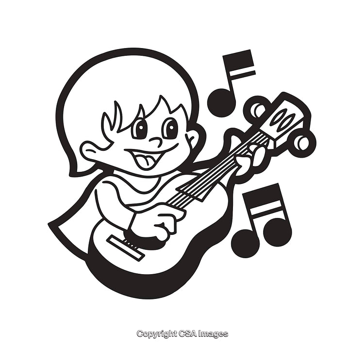 Black and White Line Art of Child Playing Guitar with Music Notes