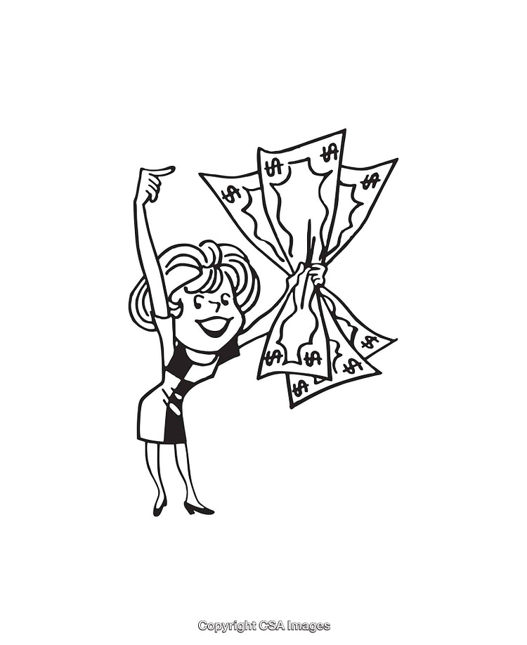 Black and White Line Art of a Happy Woman Holding Money in Hands