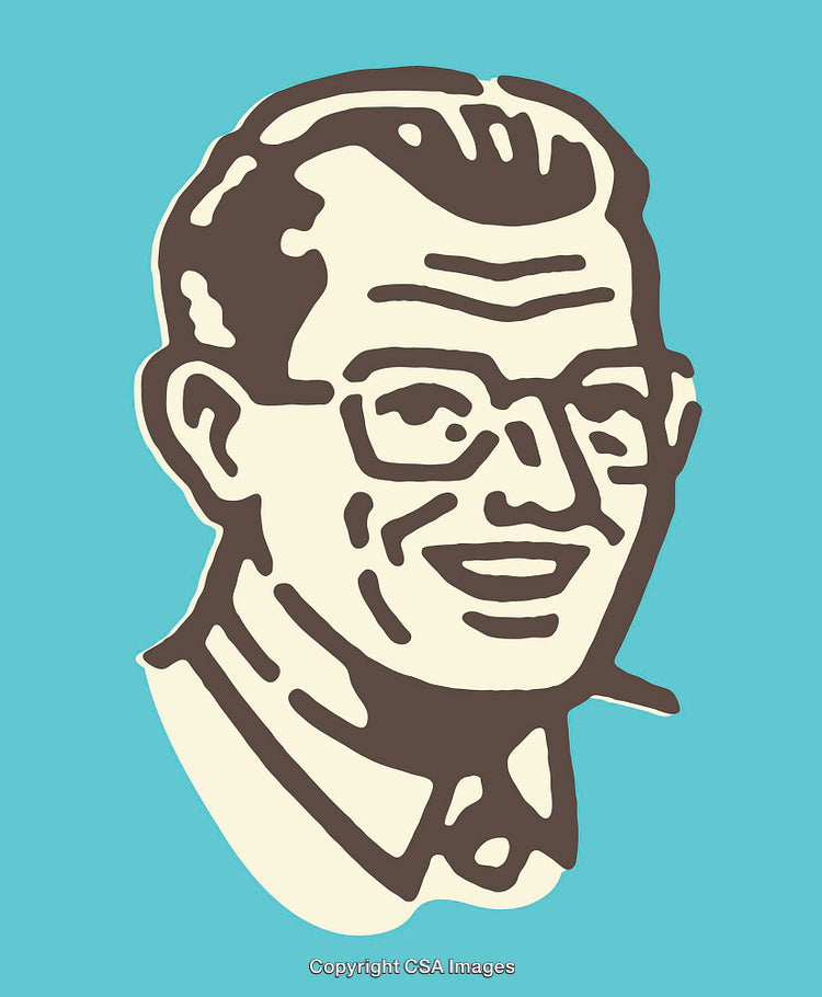 Retro Style Illustration of a Smiling Person with Glasses on Teal Background