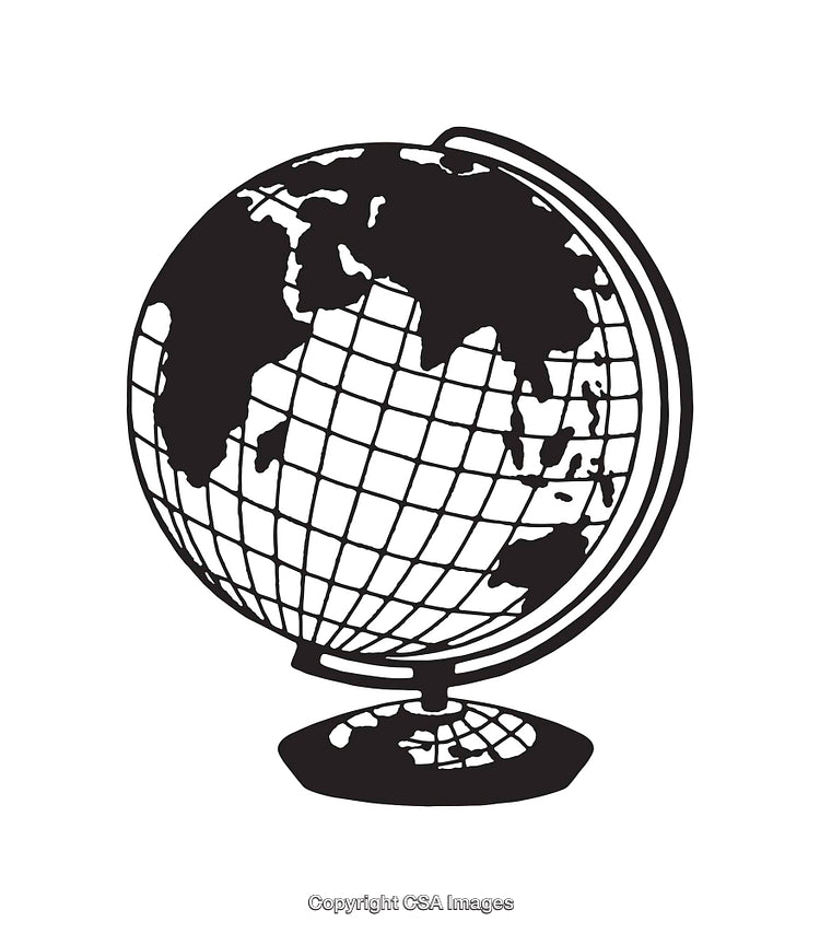 Black and White Globe Illustration Showing Planet Earth in Line Art Style