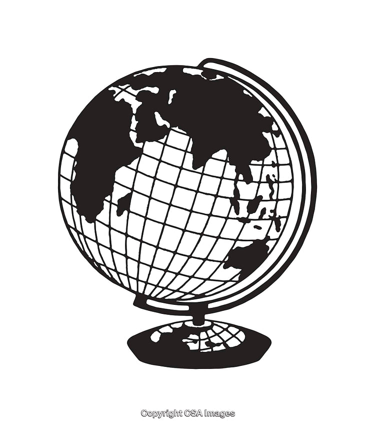 Black and White Globe Illustration Showing Planet Earth in Line Art Style