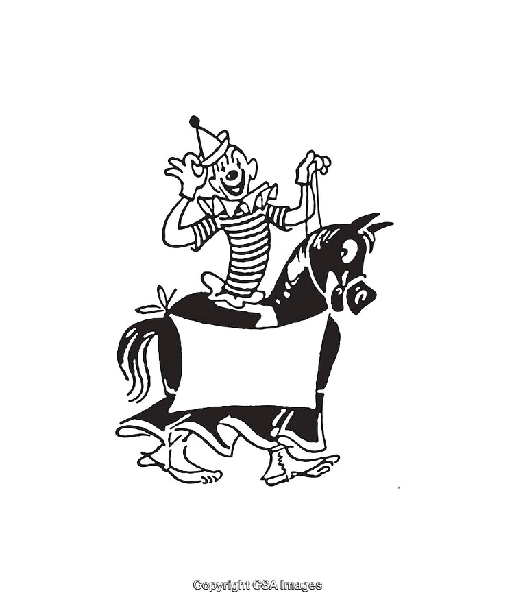 Vintage Style Black and White Cartoon of a Clown Riding a Costume Horse