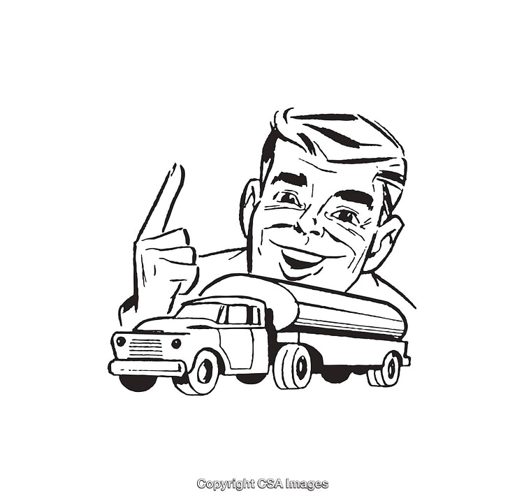 Retro Black and White Line Art of a Man and Truck