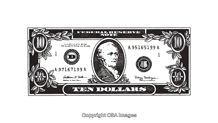 Black and White Line Art of a Ten Dollar Bill Illustration