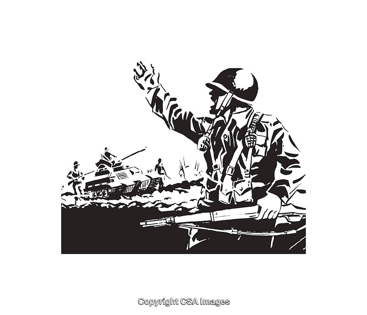 Black and White Line Art of Soldiers and Tanks in Battle