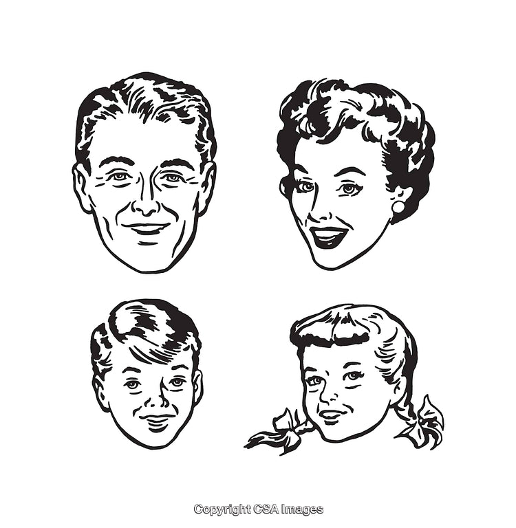 Vintage Black and White Family Portrait Illustrations with Retro Style