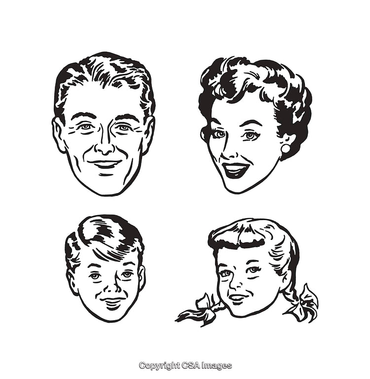 Vintage Black and White Family Portrait Illustrations with Retro Style