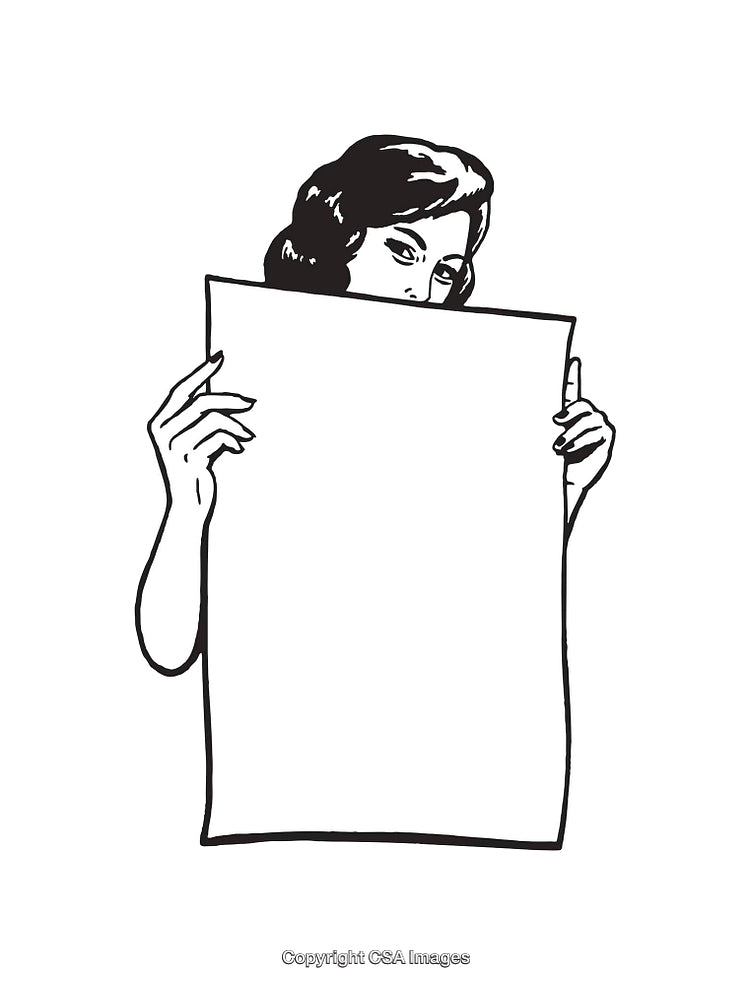 Vintage Line Art Illustration of Woman Holding a Blank Sign Poster