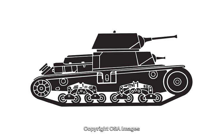 Black and White Illustration of a Classic Military Tank Side View