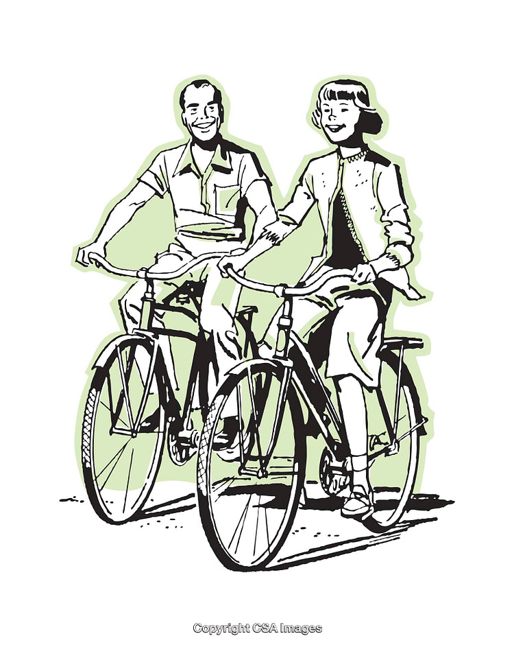Retro Style Illustration of a Smiling Couple Riding Bicycles Together