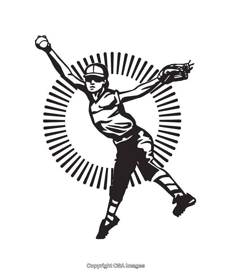 Dynamic Black and White Line Art of Baseball Action Scene