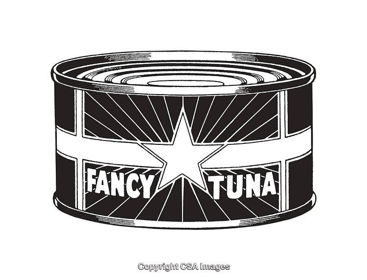 Black and White Illustration of a Fancy Tuna Can with Star Design