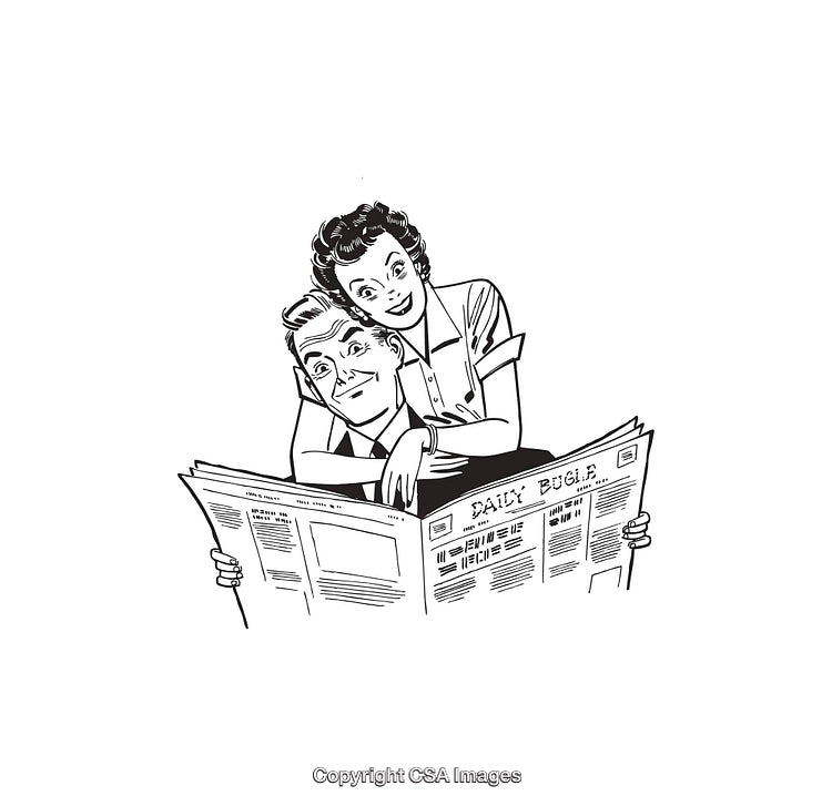 Retro Black and White Couple Reading a Newspaper Illustration