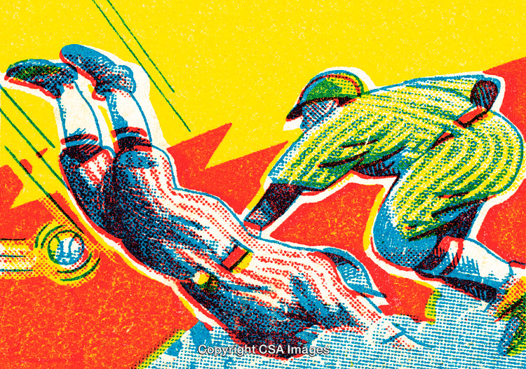Vintage Style Baseball Illustration with Dynamic Action and Vibrant Colors