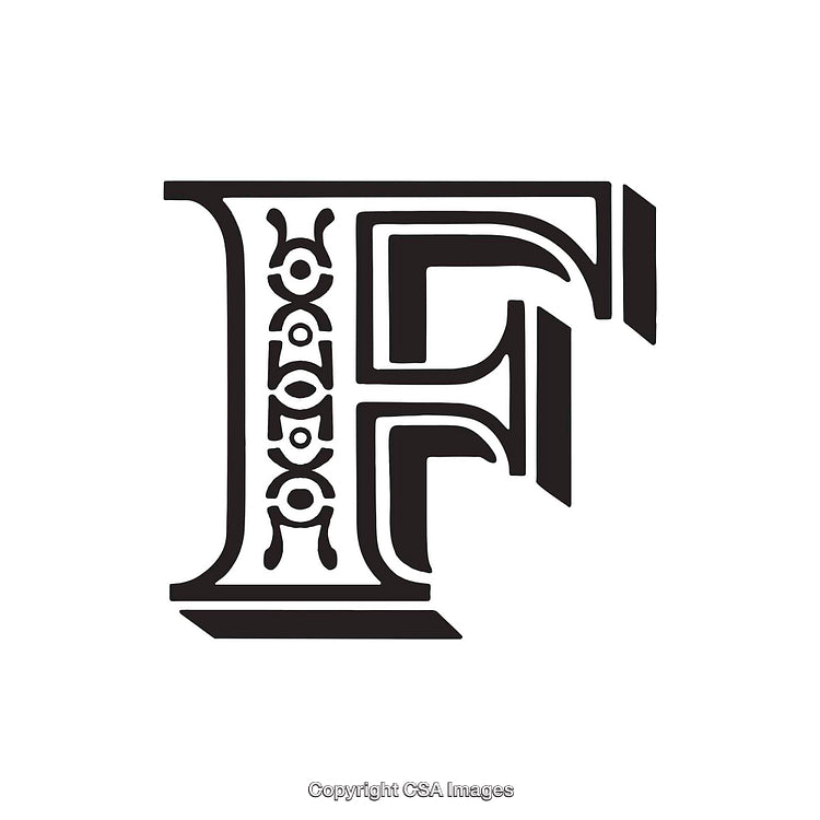 Intricate Black and White Decorative Letter 'F' on a White Background