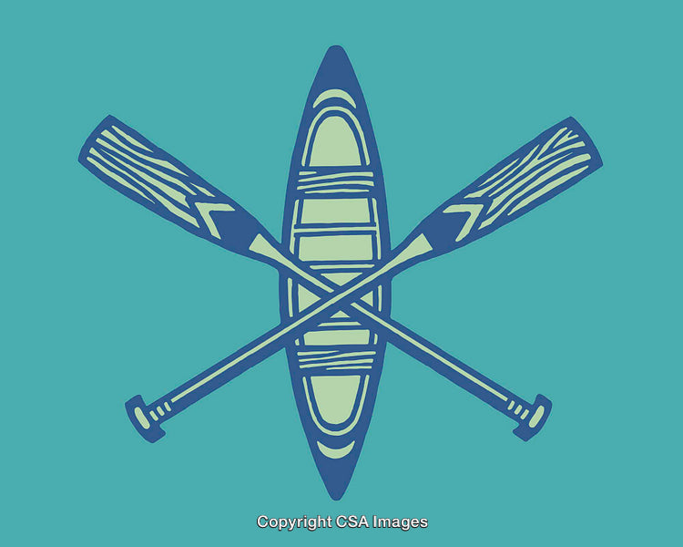 Colorful Canoe Illustration with Crossed Paddles on Blue Background