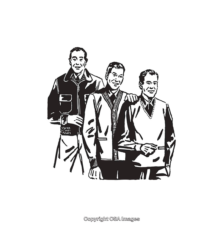 Retro Black and White Line Art of Three Friends Smiling Together
