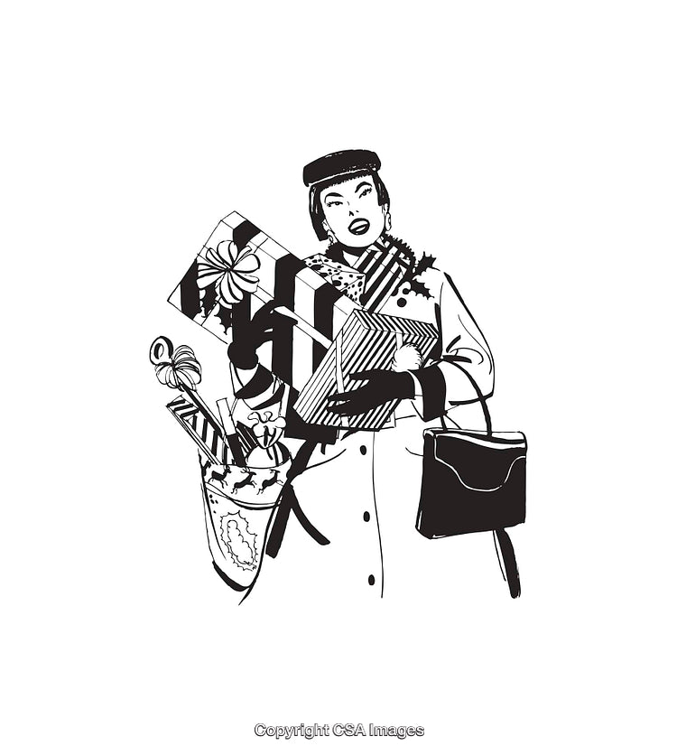 Stylish Woman Carrying Multiple Gift Boxes in Black and White Illustration