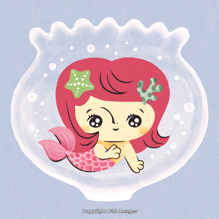Cute Cartoon Mermaid in Seashell With Starfish and Coral Decor