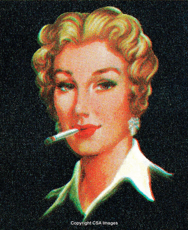 Vintage Illustration of a Classic Woman Smoking with Halftone Effect