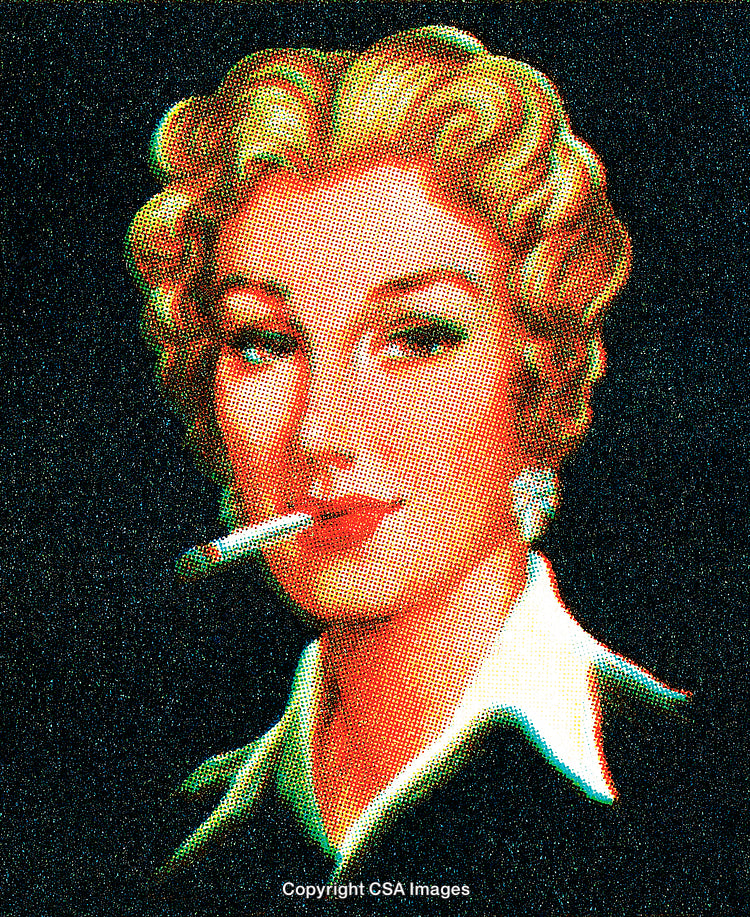 Vintage Illustration of a Classic Woman Smoking with Halftone Effect