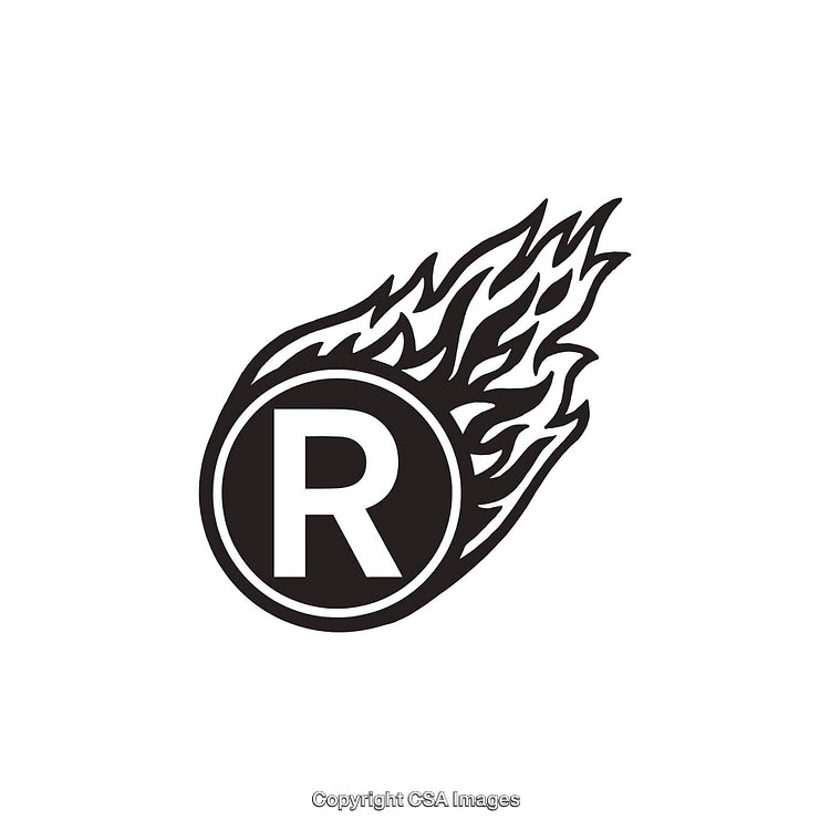 Flaming Circle Emblem with Stylized Letter R Graphic Design