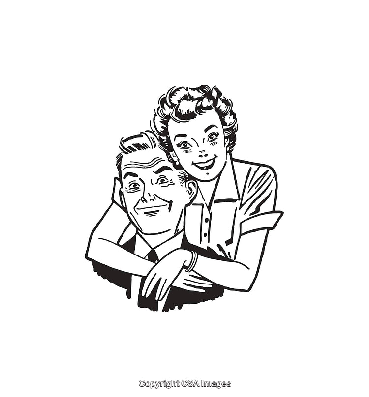 Vintage Black and White Illustration of a Happy Couple Embracing
