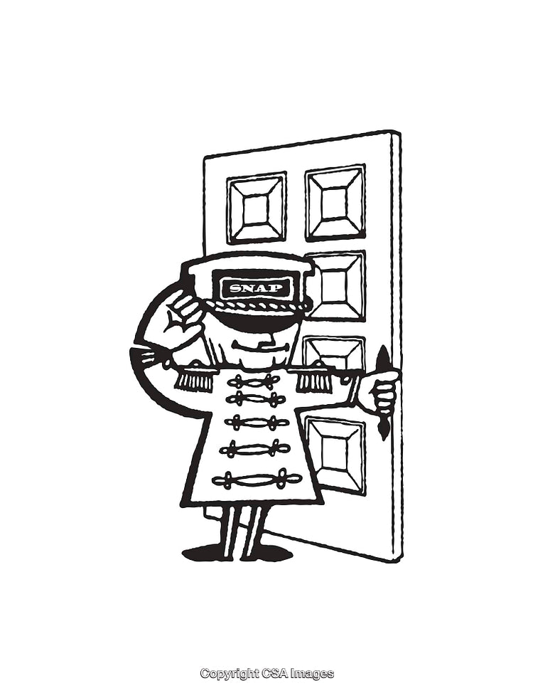 Black and White Illustration of a Doorman in Vintage Uniform