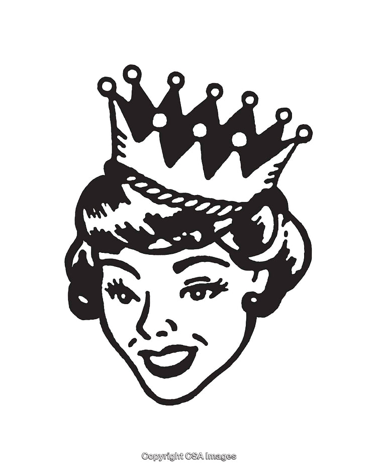 Vintage Illustration of a Smiling Woman in Crown Black and White Line Art
