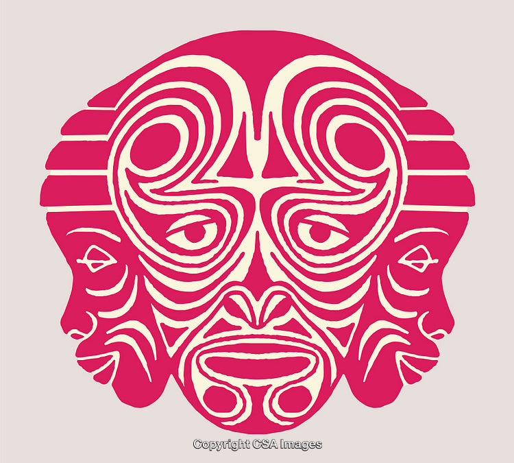 Abstract Tribal-Inspired Pink Line Art with Symmetrical Faces Design