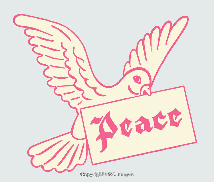 Pink Dove Illustration Holding Peace Sign on Solid Background
