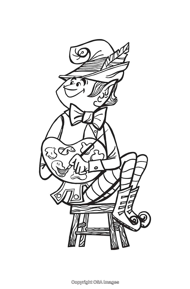Black and White Line Art of an Artist in a Festive Outfit