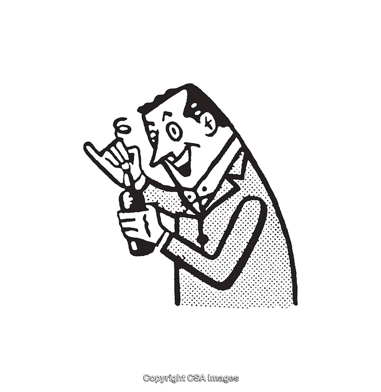 Retro Line Art of a Cheerful Man Holding a Bottle