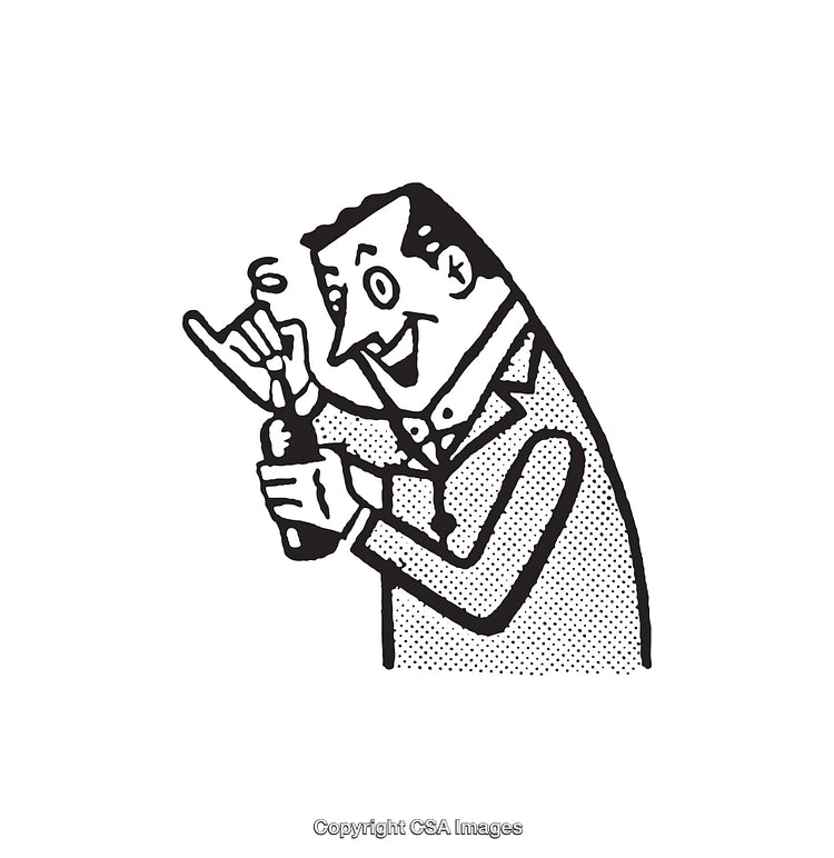 Retro Line Art of a Cheerful Man Holding a Bottle