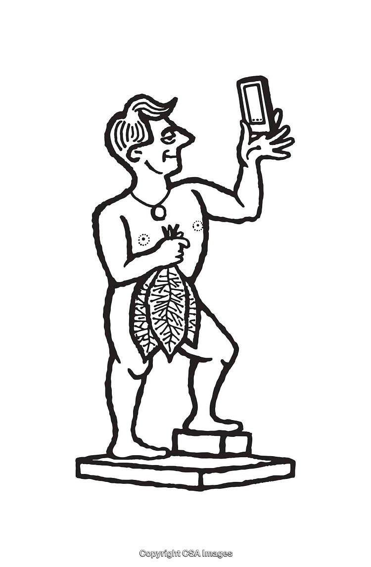 Modern Minimalist Illustration of a Statue Holding a Smartphone
