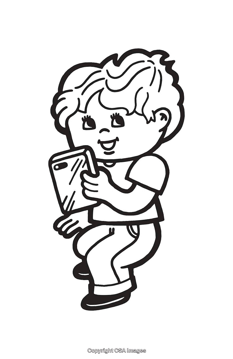 Black And White Line Art Illustration of Child Using Smartphone