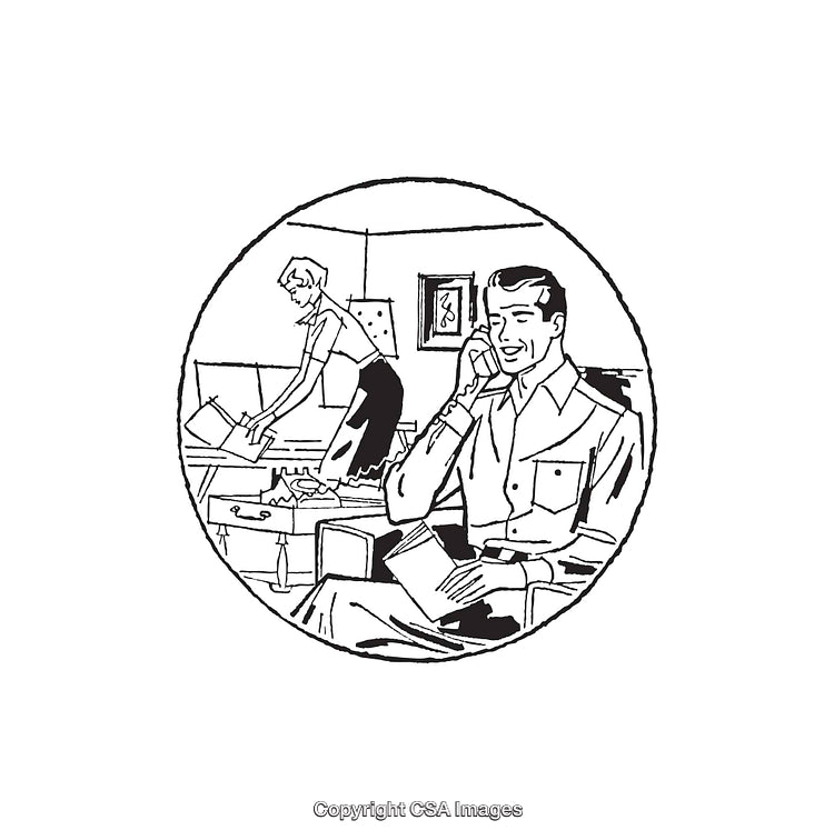 Retro Black and White Family at Home Illustration Art