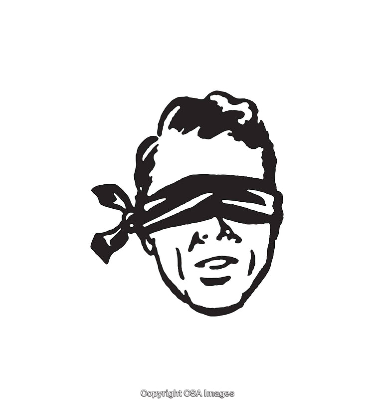 Black and White Line Art Drawing of a Blindfolded Man's Head