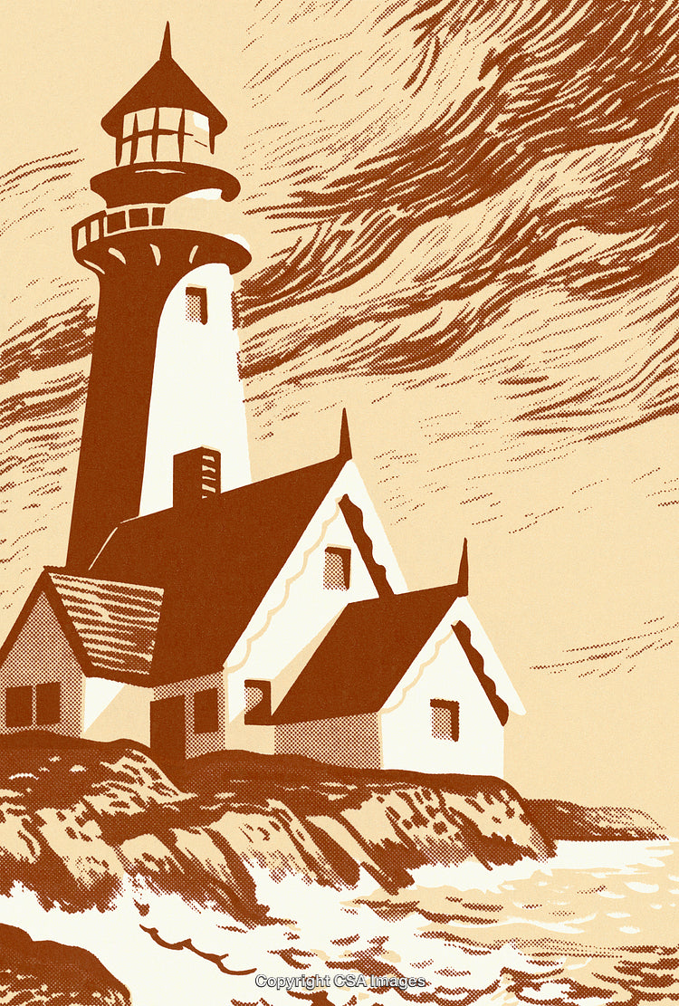 Vintage Illustration of a Lighthouse by a Rocky Shoreline