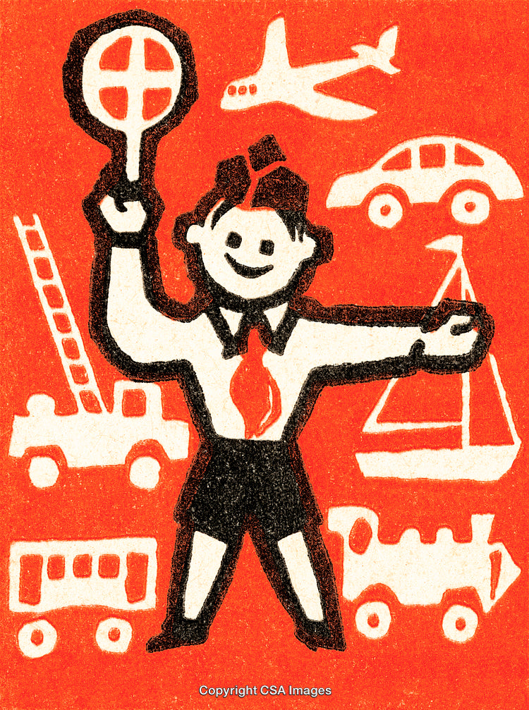 Playful Illustration of Various Transportation Modes and a Child in Vibrant Colors