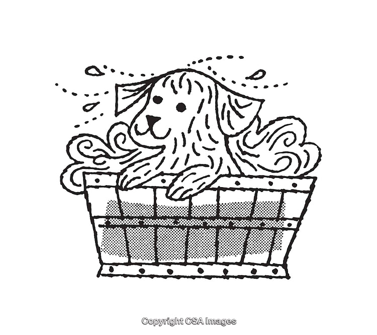Adorable Dog Taking a Bath in a Tub, Black and White Illustration