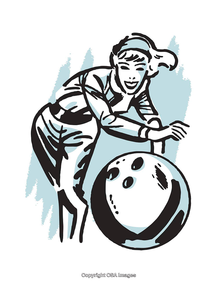 Vintage Styled Illustration of a Woman Bowling with a Bowling Ball